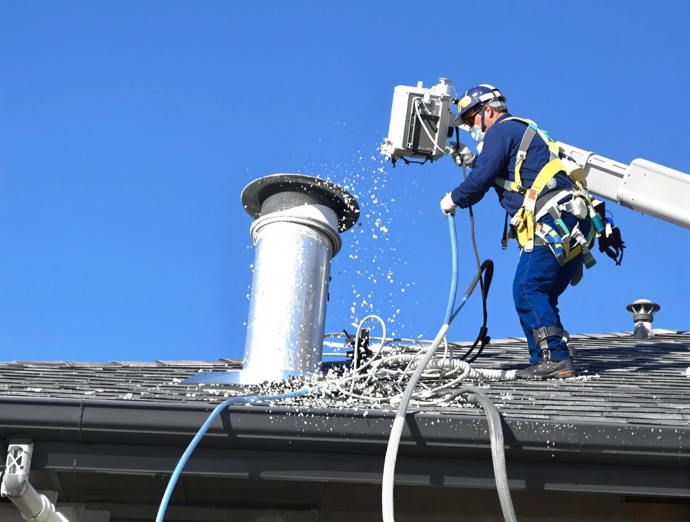 Mountain Park Dryer Vent Cleaning certified technician safely cleaning a roof-mounted dryer vent in Mountain Park