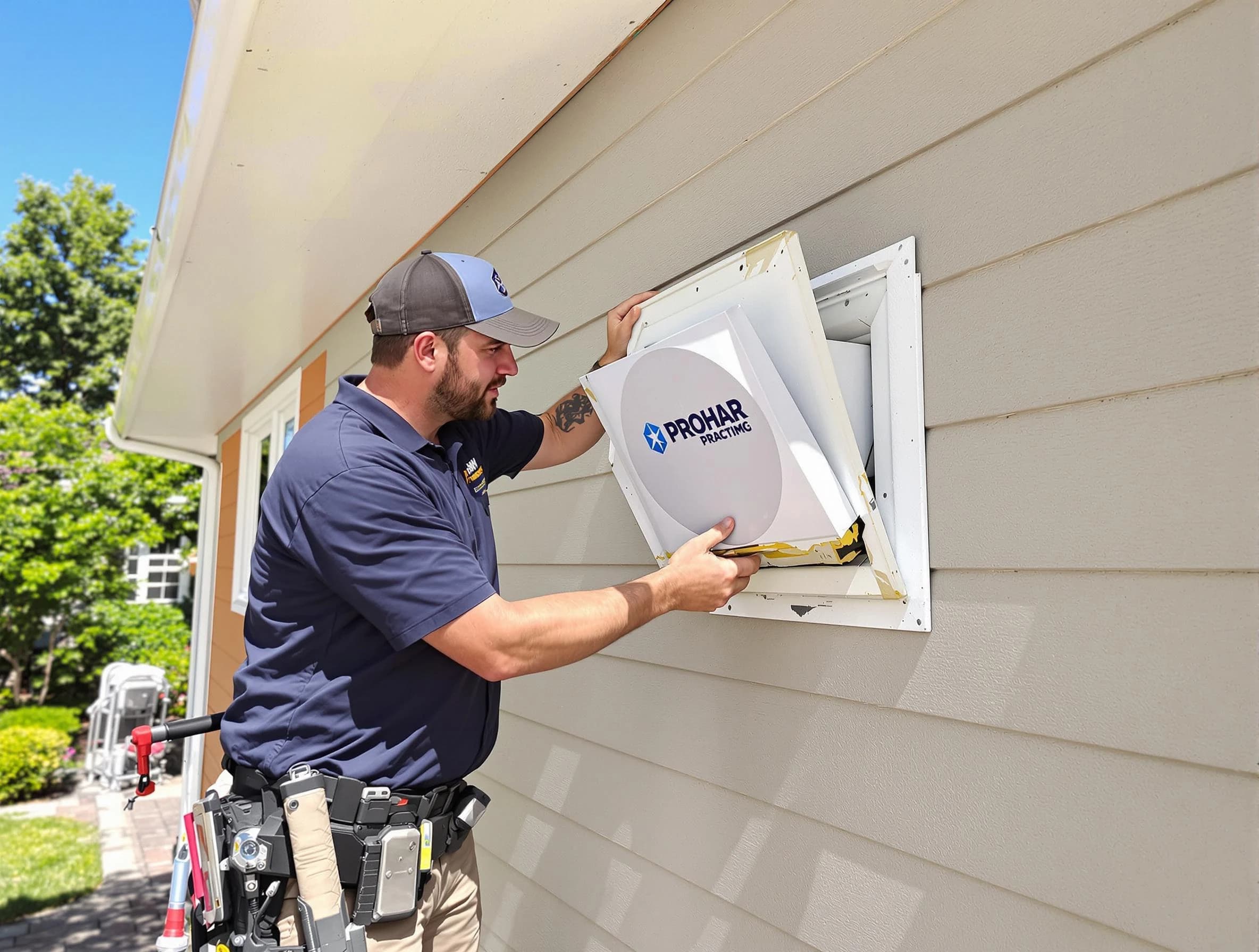 Mountain Park Dryer Vent Cleaning technician installing a new protective dryer vent cover on a home in Mountain Park